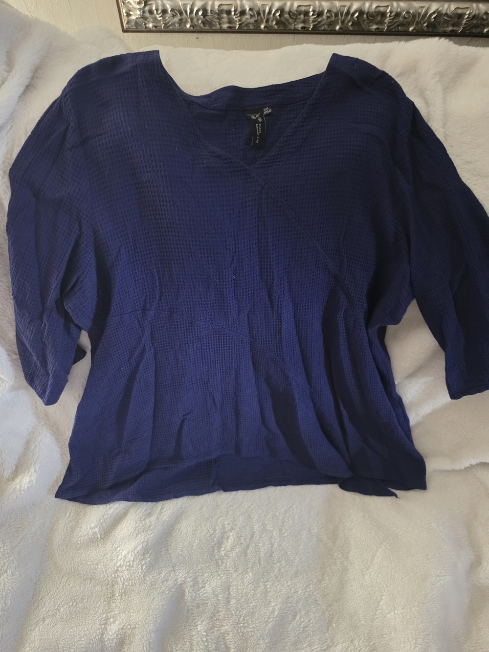 Navy Blue Textured V-Neck Blouse